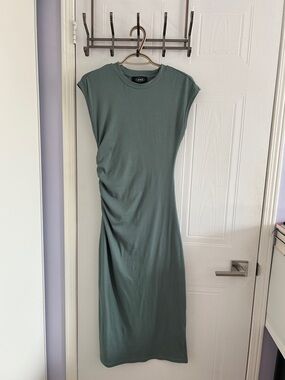 Cider Sage Green Sleeveless Ruched Midi Dress